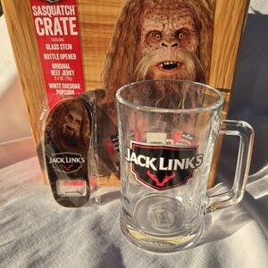 JACK LINKS BEEF JERKY CLEAR 16OZ GLASS BEER MUG STEIN W/ HANDLE & BOTTLE OPENER